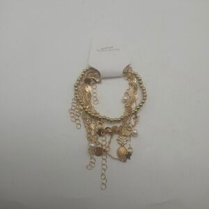 Gold Tone Multistrand Charm Bracelet‎ Faux Pearl Pineapple Star Disc Adjustable